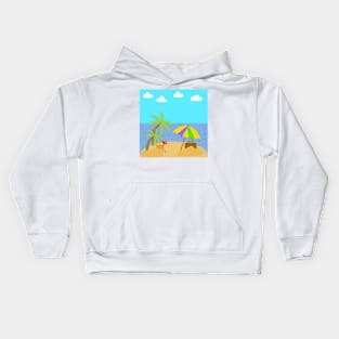 A vacation on a beach with palm trees, Ocean, sky and clouds with Umbrella, suitcase and beach toys. Kids Hoodie